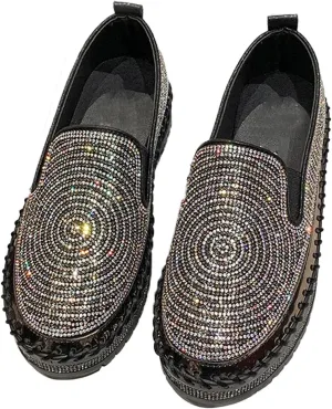 Women's Rhinestones Platform Loafer Comfort Round Wide Toe Slip On Sparkle Walking Shoes Handmade Non-Slip Fashion Sneakers
