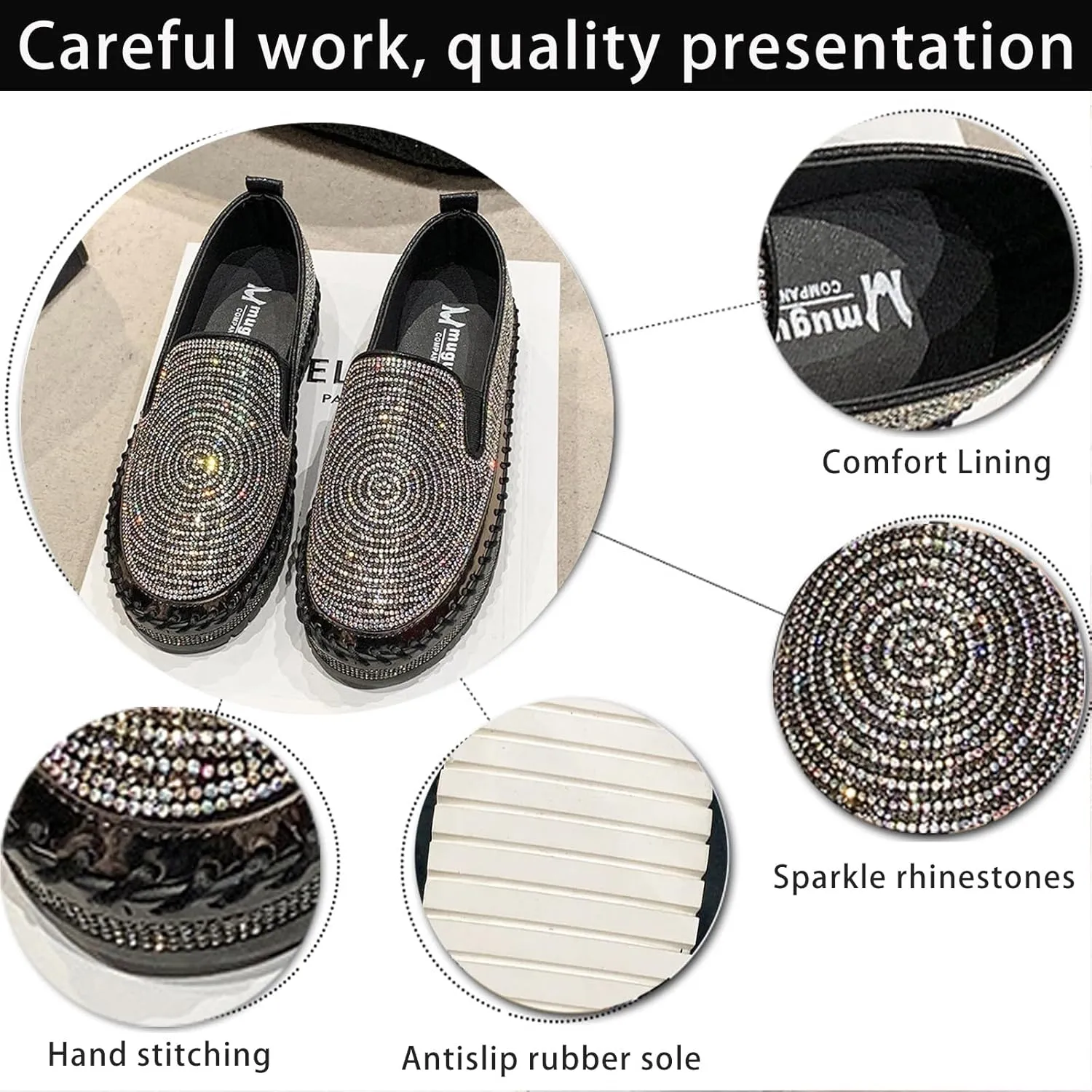 Women's Rhinestones Platform Loafer Comfort Round Wide Toe Slip On Sparkle Walking Shoes Handmade Non-Slip Fashion Sneakers