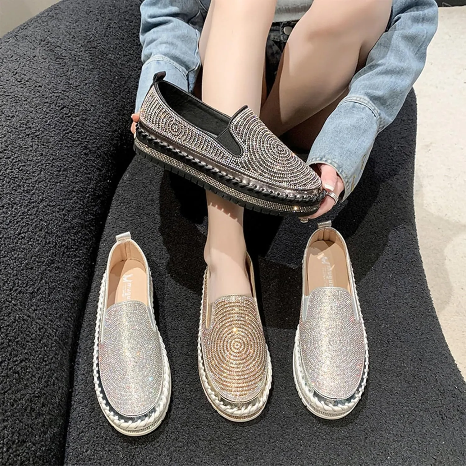 Women's Rhinestones Platform Loafer Comfort Round Wide Toe Slip On Sparkle Walking Shoes Handmade Non-Slip Fashion Sneakers