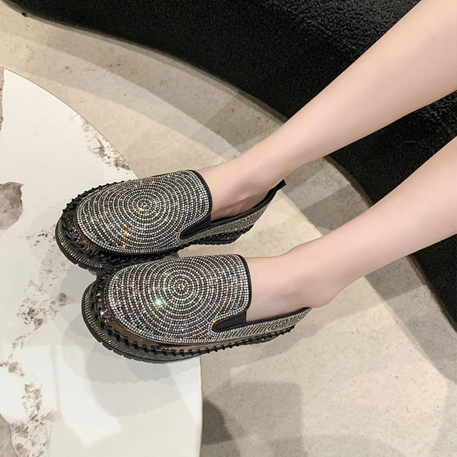 Women's Rhinestones Platform Loafer Comfort Round Wide Toe Slip On Sparkle Walking Shoes Handmade Non-Slip Fashion Sneakers