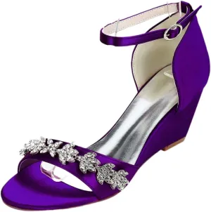 Womens Satin Wedge Sandals Comfort Wedding Shoes Bridesmail Slingback Ankle Strap Shoes 6.5CM Rhinestone