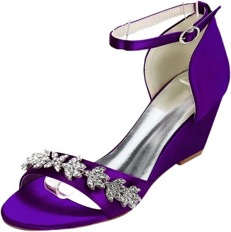 Womens Satin Wedge Sandals Comfort Wedding Shoes Bridesmail Slingback Ankle Strap Shoes 6.5CM Rhinestone