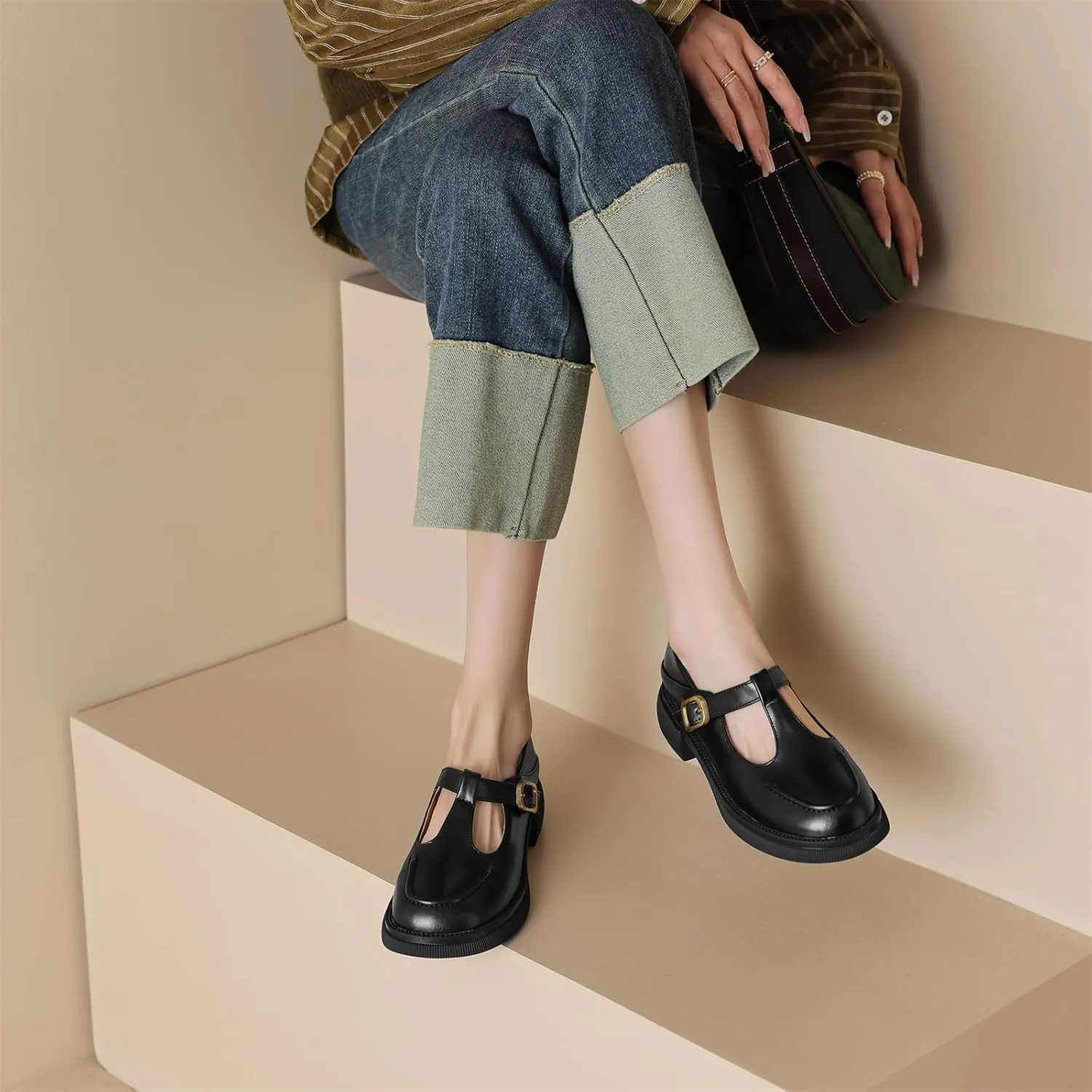 Women's Square Closed Loafers Pull-On T-Strap Adjustable Buckle Comfortable Chunky Low Heel Dress Office Formal Student Work Casual Comfortable Fashion Business Daily Wear Shoes