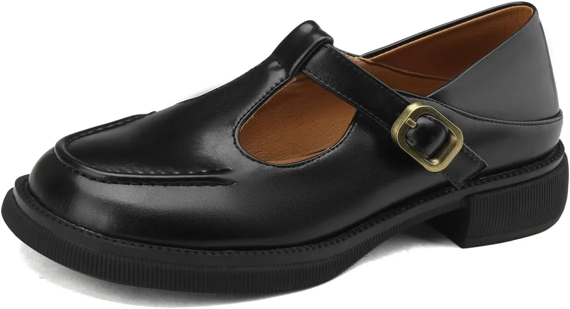 Women's Square Closed Loafers Pull-On T-Strap Adjustable Buckle Comfortable Chunky Low Heel Dress Office Formal Student Work Casual Comfortable Fashion Business Daily Wear Shoes