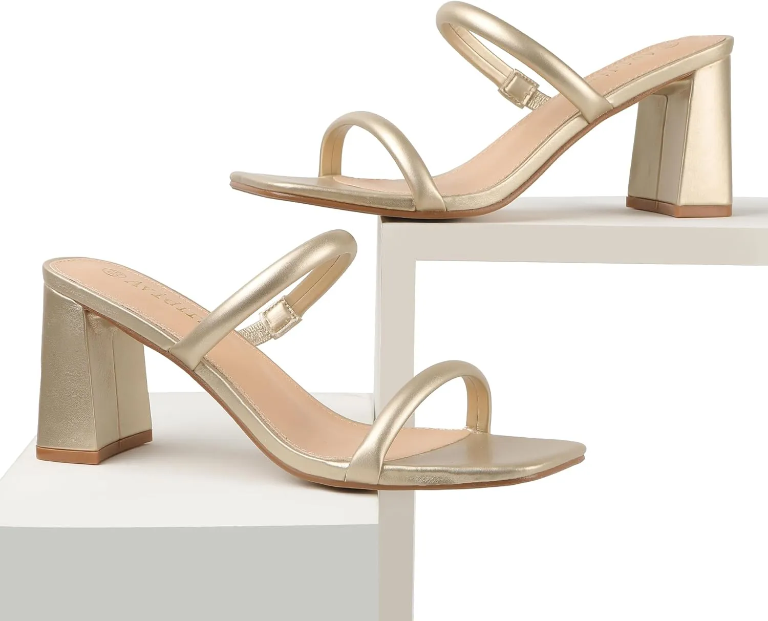 Women's Square Open Toe Heeled Sandals Two Strap Mules Slip On Block Chunky Mid Heels Sandals