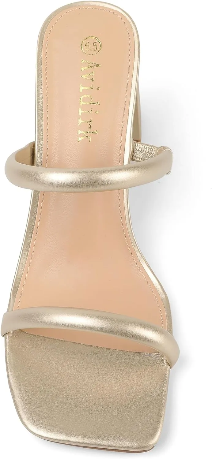 Women's Square Open Toe Heeled Sandals Two Strap Mules Slip On Block Chunky Mid Heels Sandals