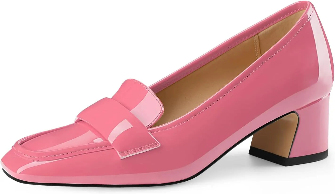 Women's Square Toe Chunky Low Heel Penny Loafers Shoes Black Patent Leather Comfortable Slip On Work Business Dressy Classic Pumps