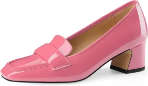 Women's Square Toe Chunky Low Heel Penny Loafers Shoes Black Patent Leather Comfortable Slip On Work Business Dressy Classic Pumps