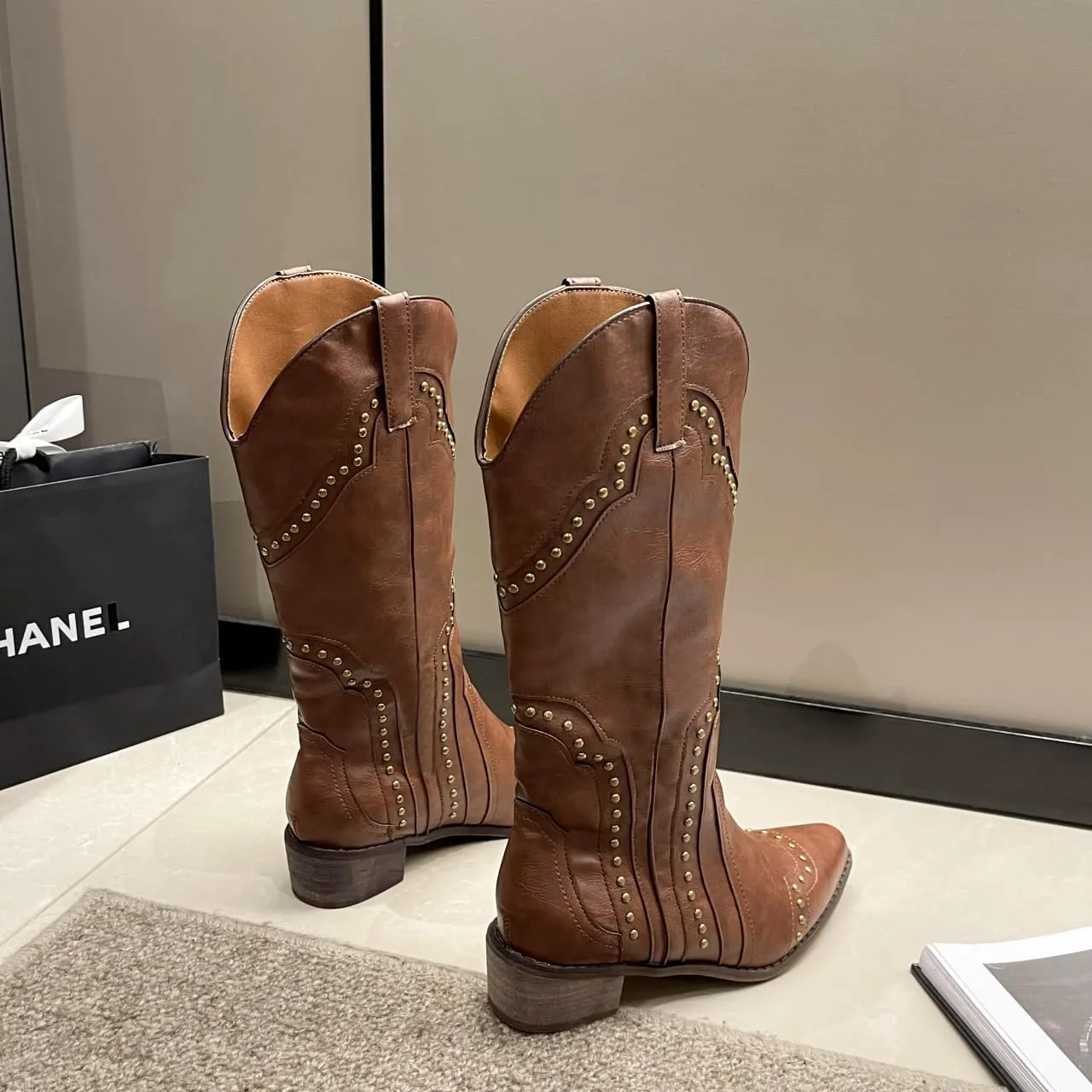 Women's Studded Western Mid Calf Boots, Pointed Toe Pull Up Chunky Heel Cowboy Cowgirl Distressed Boot Knee High Mid Heel 2-3" - Brown