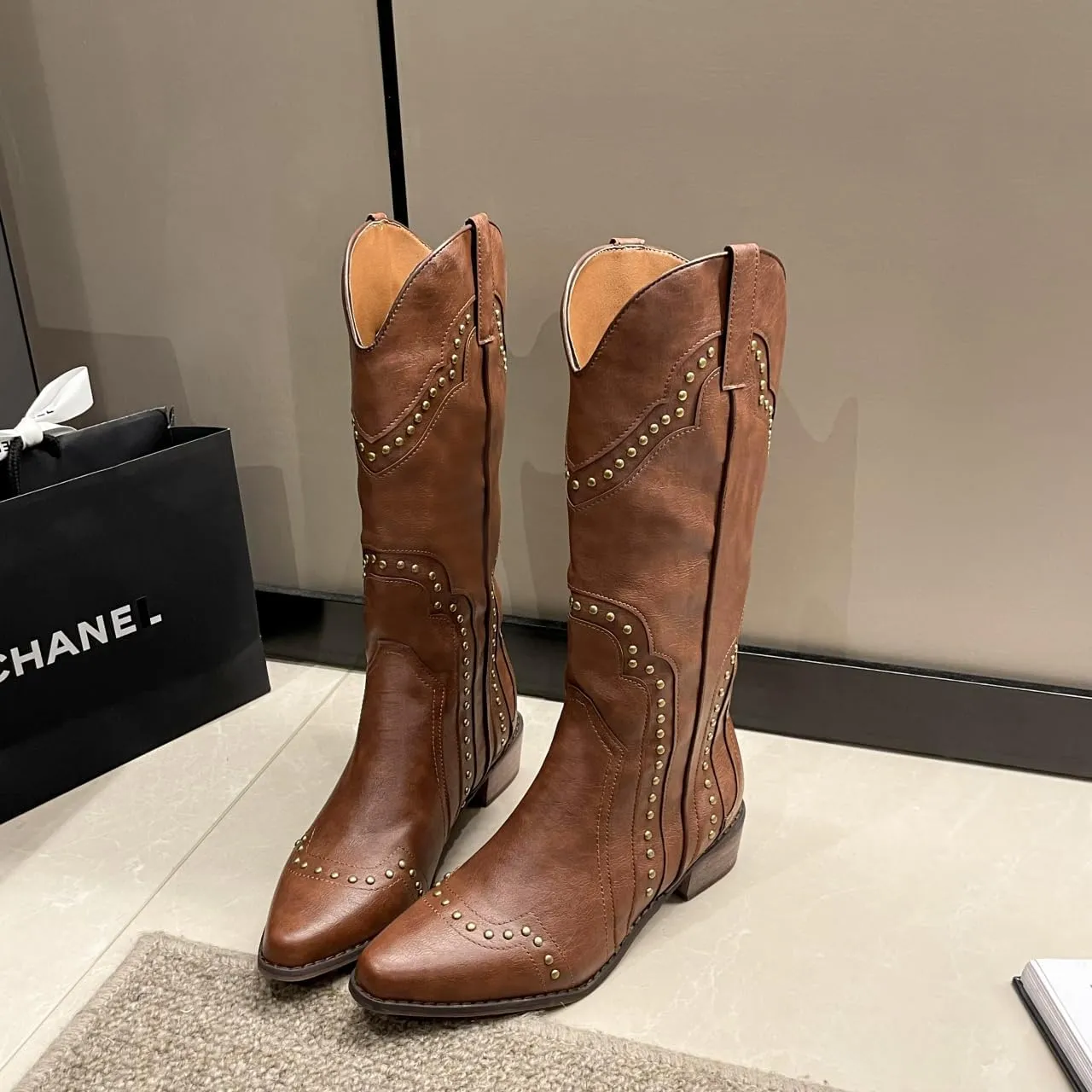 Women's Studded Western Mid Calf Boots, Pointed Toe Pull Up Chunky Heel Cowboy Cowgirl Distressed Boot Knee High Mid Heel 2-3" - Brown