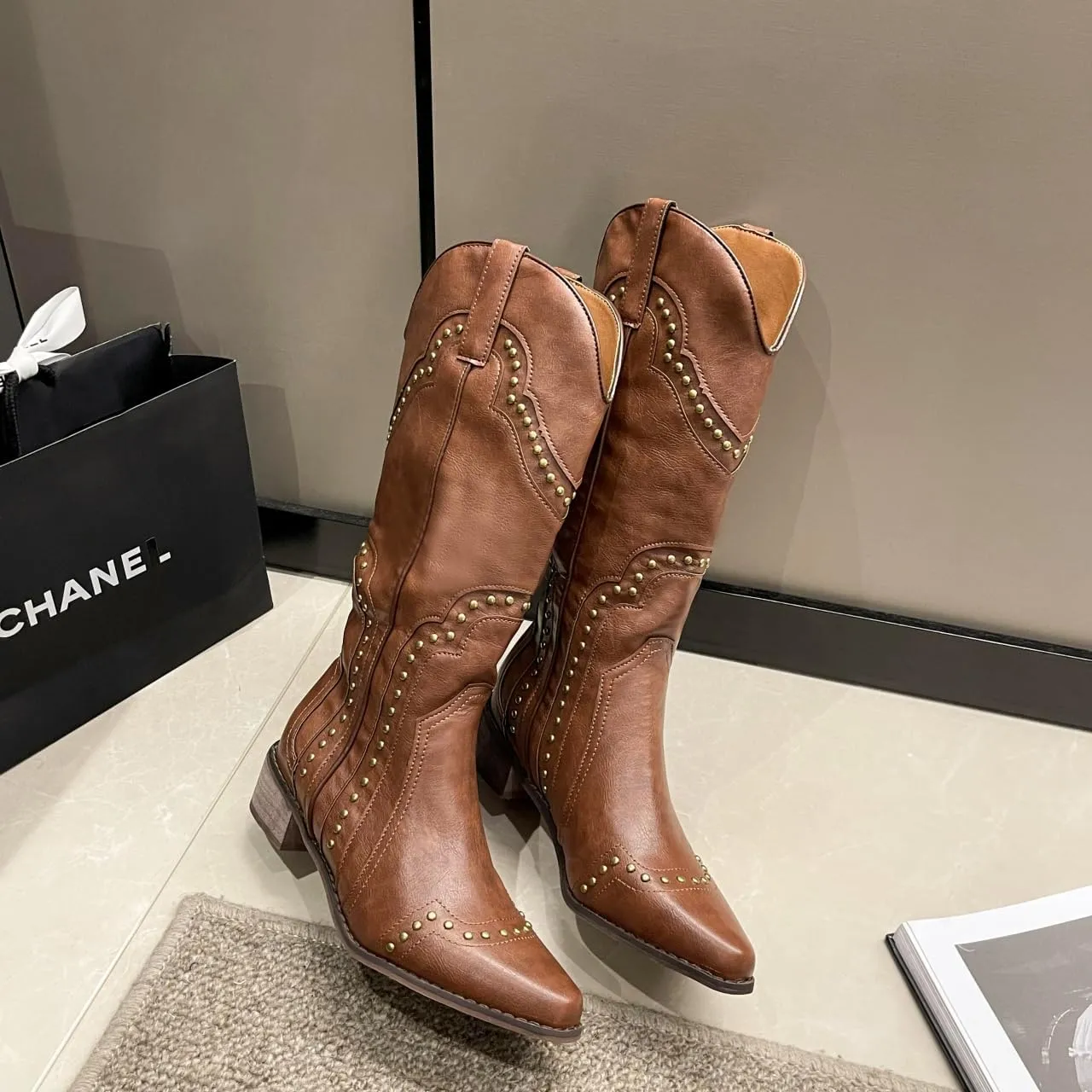 Women's Studded Western Mid Calf Boots, Pointed Toe Pull Up Chunky Heel Cowboy Cowgirl Distressed Boot Knee High Mid Heel 2-3" - Brown