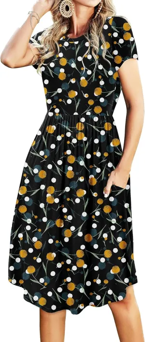 Womens Summer Pocket Knee Length Teacher Casual Dress Spring Modest Knit Fit Flare Short Sleeve Midi Work Travel Outfits