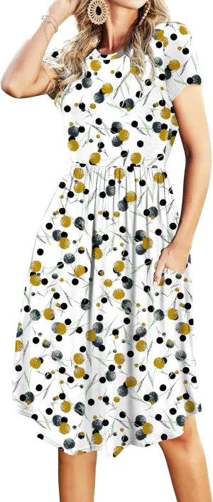 Womens Summer Pocket Knee Length Teacher Casual Dress Spring Modest Knit Fit Flare Short Sleeve Midi Work Travel Outfits