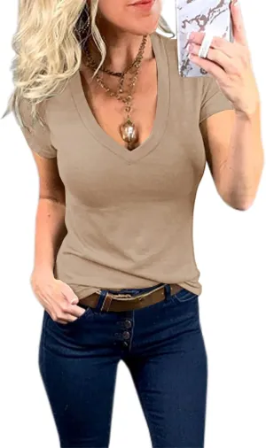 Womens Summer Sexy Short Sleeve Tshirt Tops Deep V Neck Shirts Casual Slim Fit Basic T-Shirt Tee
