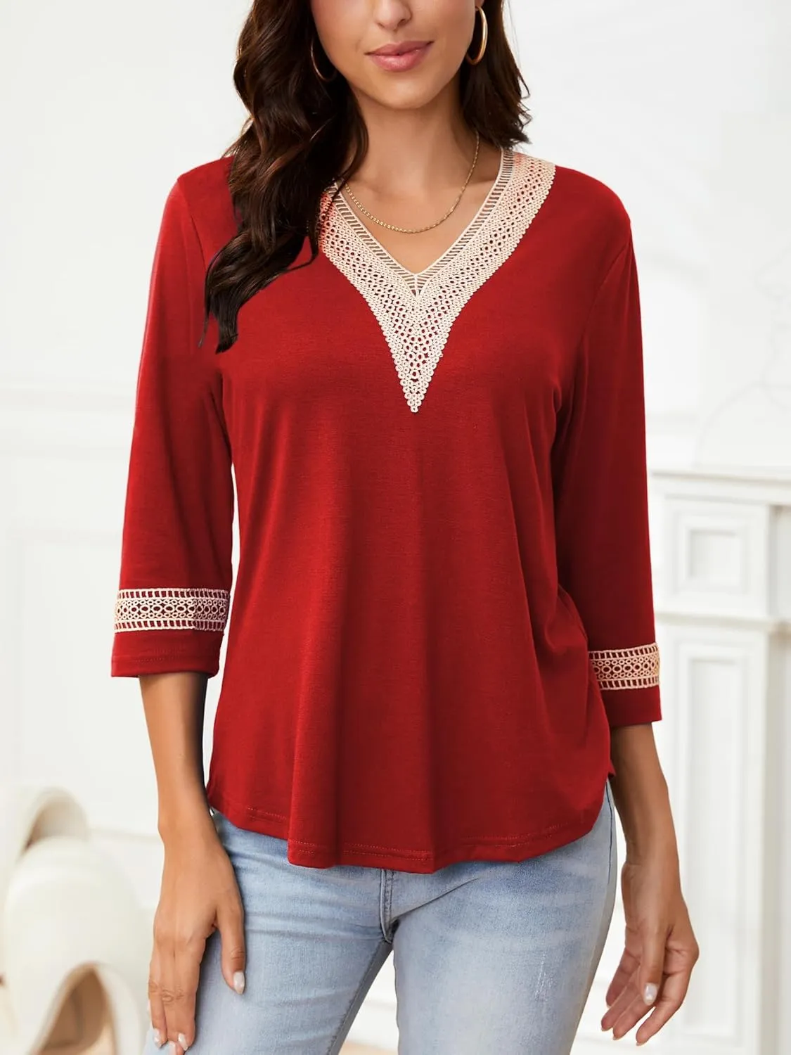 Womens Tops 3/4 Sleeve Shirts Casual Lace V Neck Blouses Loose Fit Dressy Basic T-Shirt