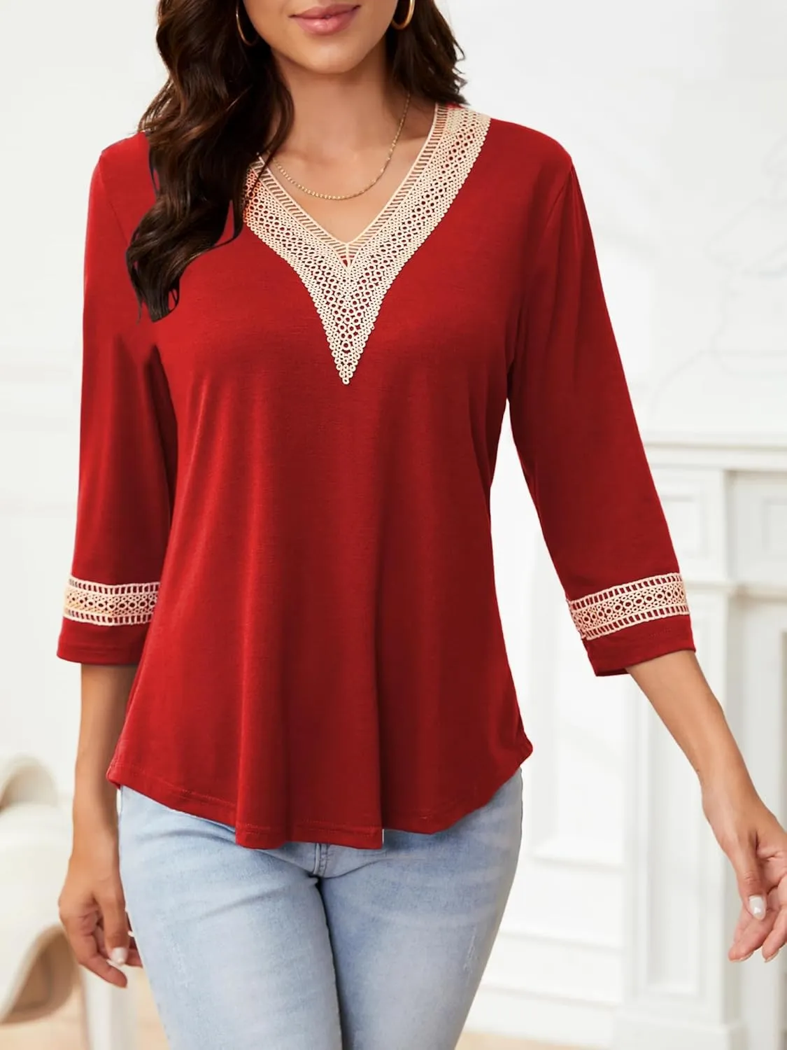 Womens Tops 3/4 Sleeve Shirts Casual Lace V Neck Blouses Loose Fit Dressy Basic T-Shirt
