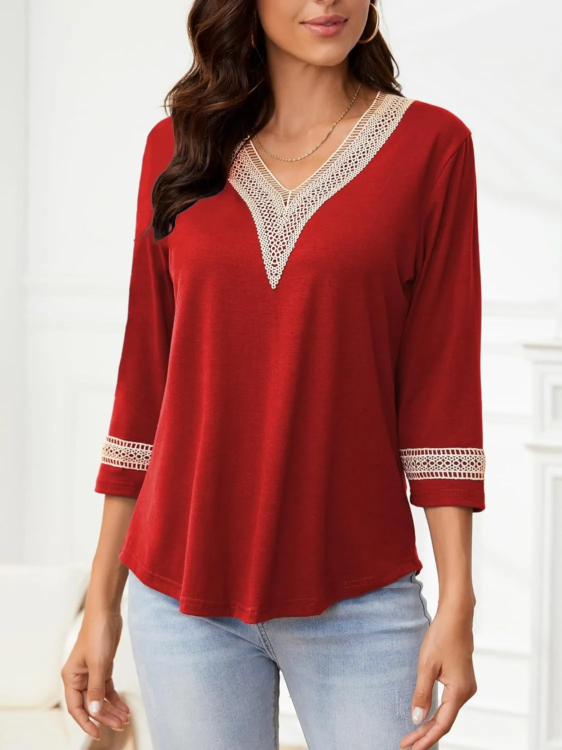 Womens Tops 3/4 Sleeve Shirts Casual Lace V Neck Blouses Loose Fit Dressy Basic T-Shirt