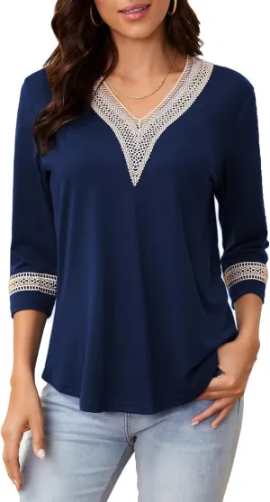 Womens Tops 3/4 Sleeve Shirts Casual Lace V Neck Blouses Loose Fit Dressy Basic T-Shirt