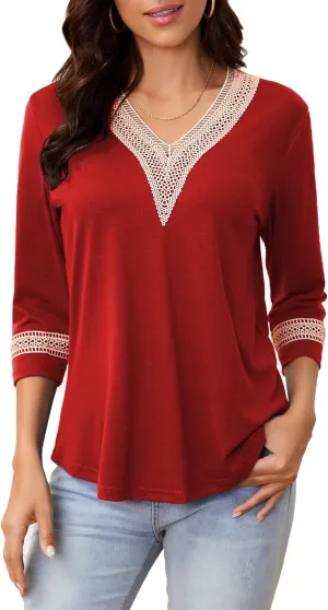 Womens Tops 3/4 Sleeve Shirts Casual Lace V Neck Blouses Loose Fit Dressy Basic T-Shirt