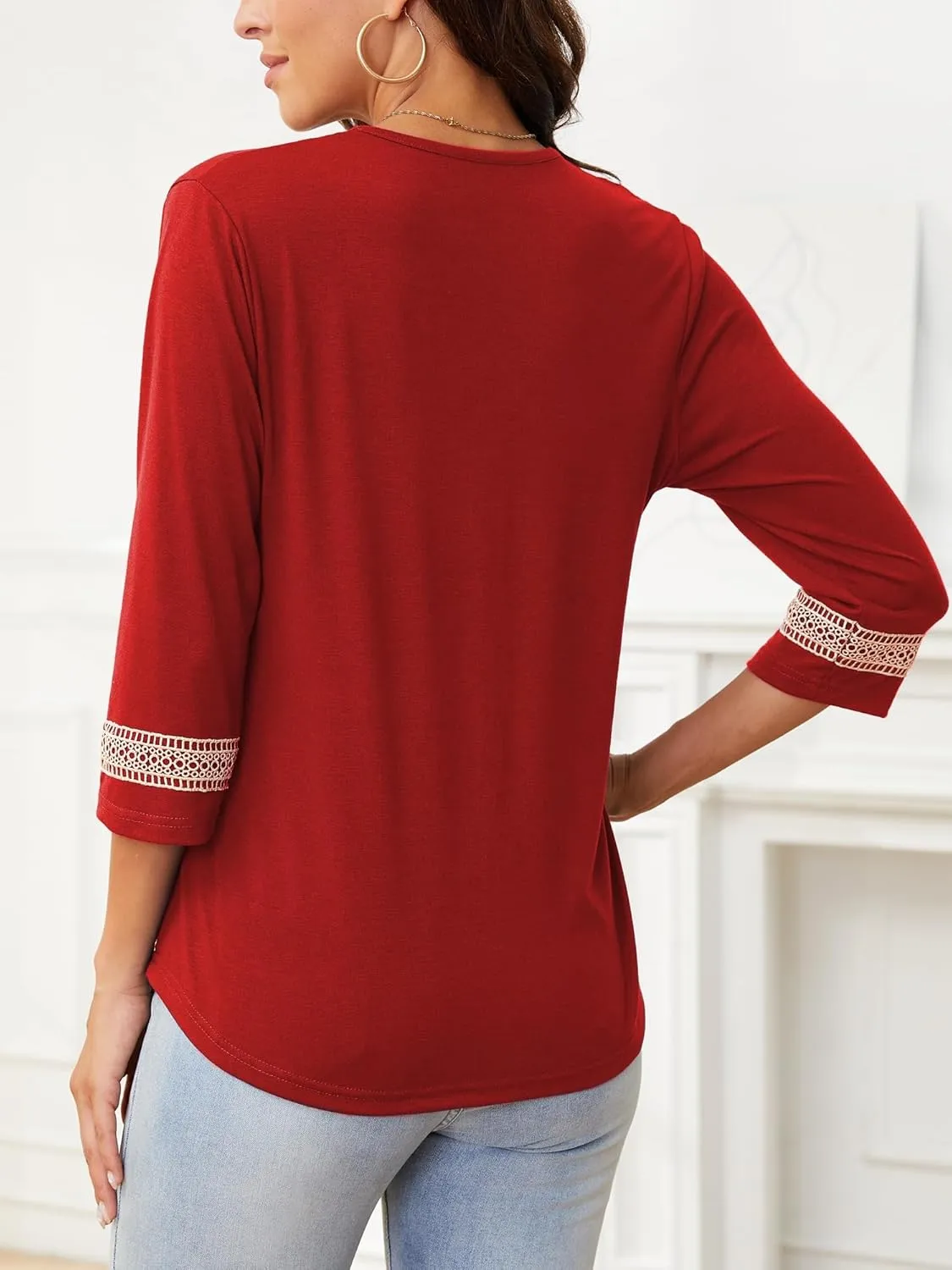 Womens Tops 3/4 Sleeve Shirts Casual Lace V Neck Blouses Loose Fit Dressy Basic T-Shirt