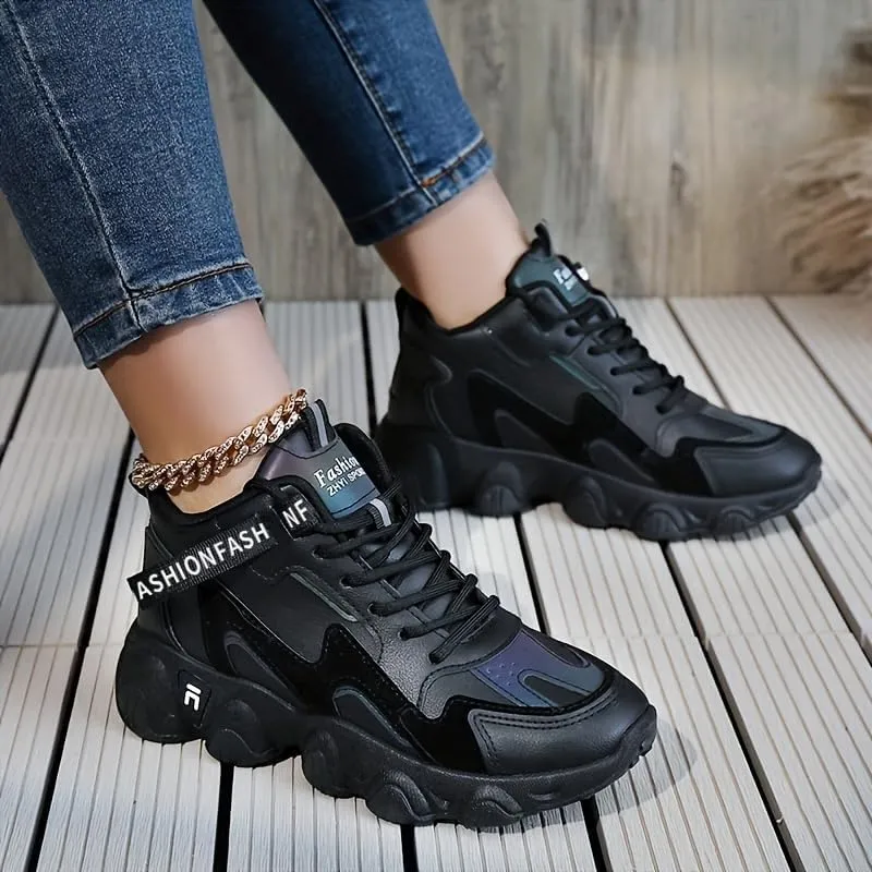 Womens Waterproof Thermal Chunky Sneakers - Durable Non-Slip Sole, Stylish Colorblock Design, Comfortable Lace-up Winter Shoes for All-Weather Wear