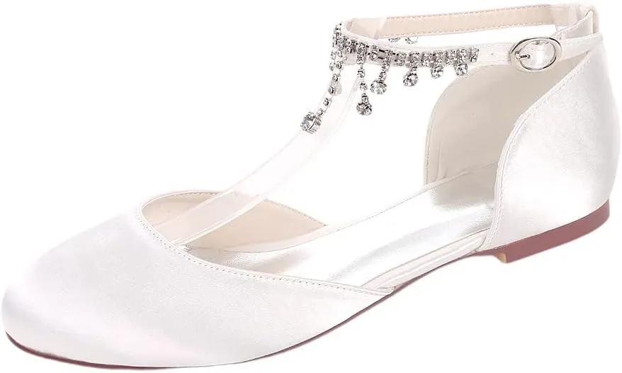 Womens Wedding Shoes Flats Rhinestones Ankle Strap Bride Party Unique Dress Bridesmaid Satin Sandals