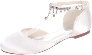 Womens Wedding Shoes Flats Rhinestones Ankle Strap Bride Party Unique Dress Bridesmaid Satin Sandals