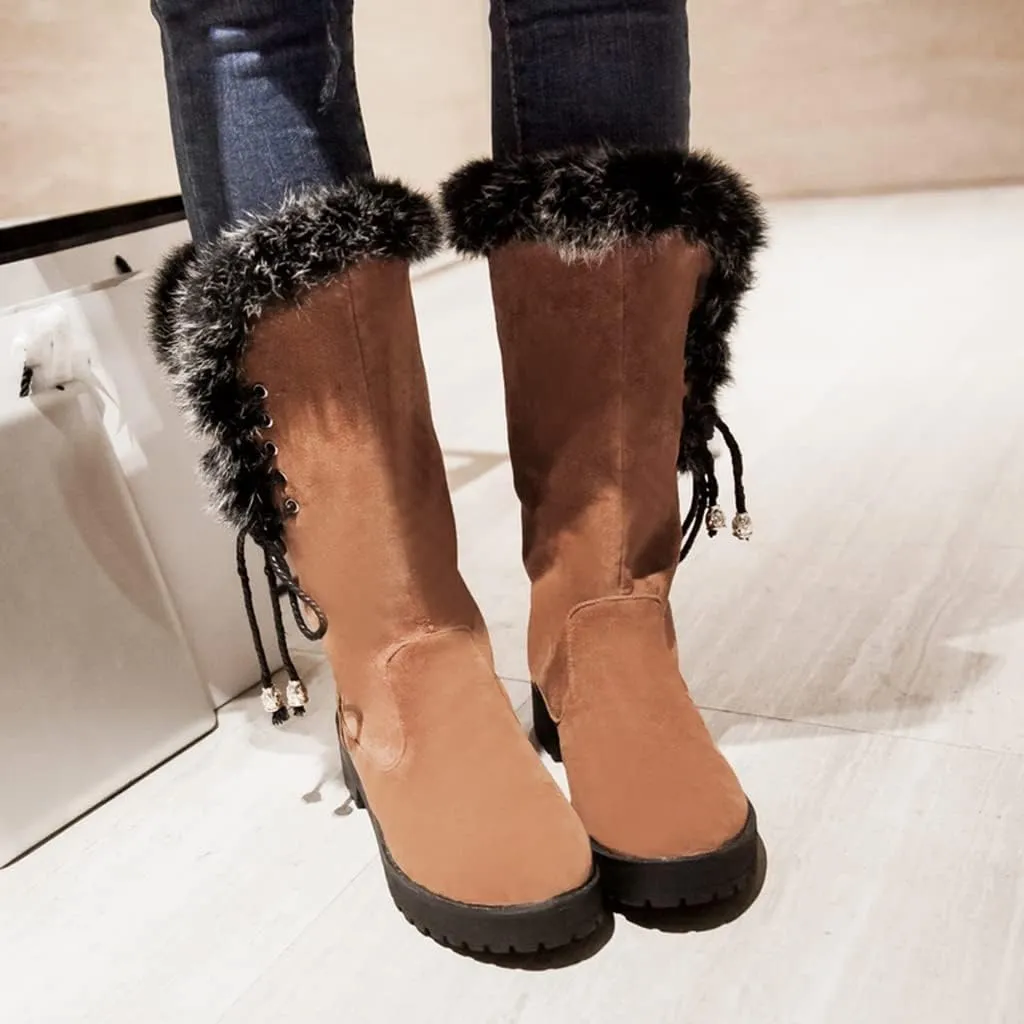 Women's Winter Warm Furry Mid Calf Snow Boots Tall Lace Up Fur Lined Mid Calf Wide Calf Snow Boot