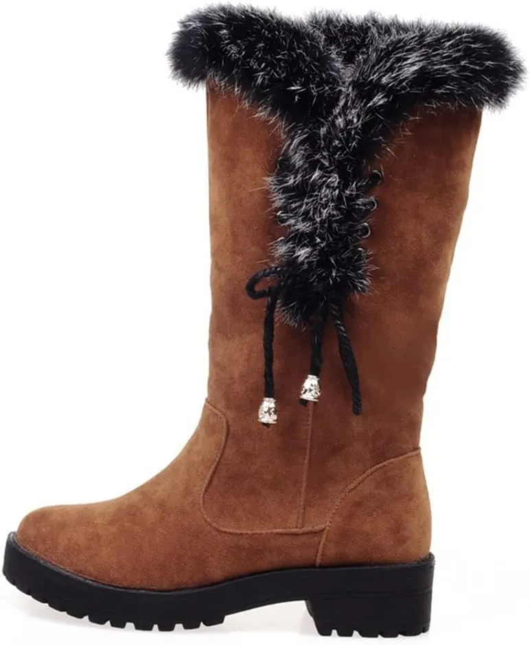 Women's Winter Warm Furry Mid Calf Snow Boots Tall Lace Up Fur Lined Mid Calf Wide Calf Snow Boot