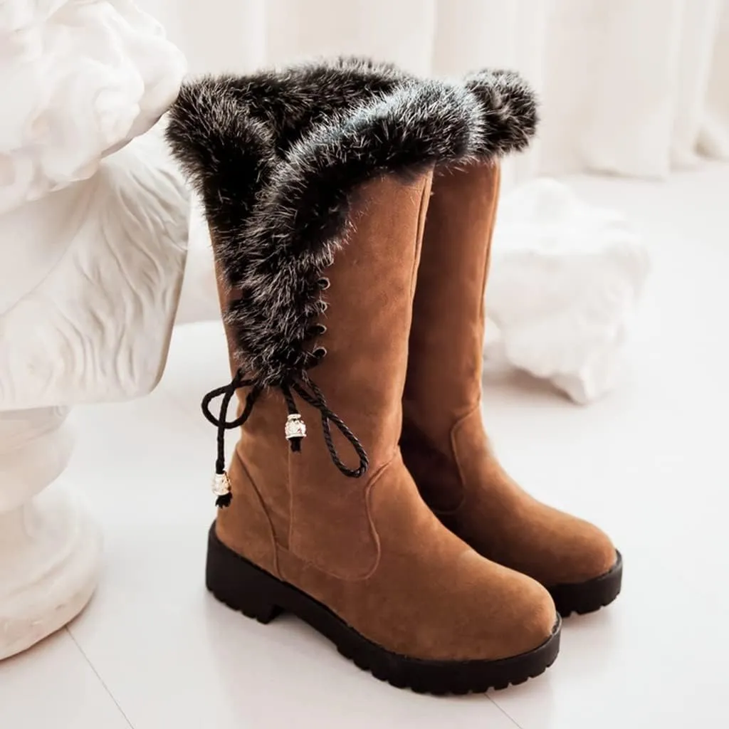 Women's Winter Warm Furry Mid Calf Snow Boots Tall Lace Up Fur Lined Mid Calf Wide Calf Snow Boot
