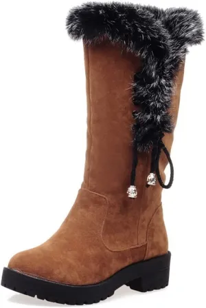 Women's Winter Warm Furry Mid Calf Snow Boots Tall Lace Up Fur Lined Mid Calf Wide Calf Snow Boot