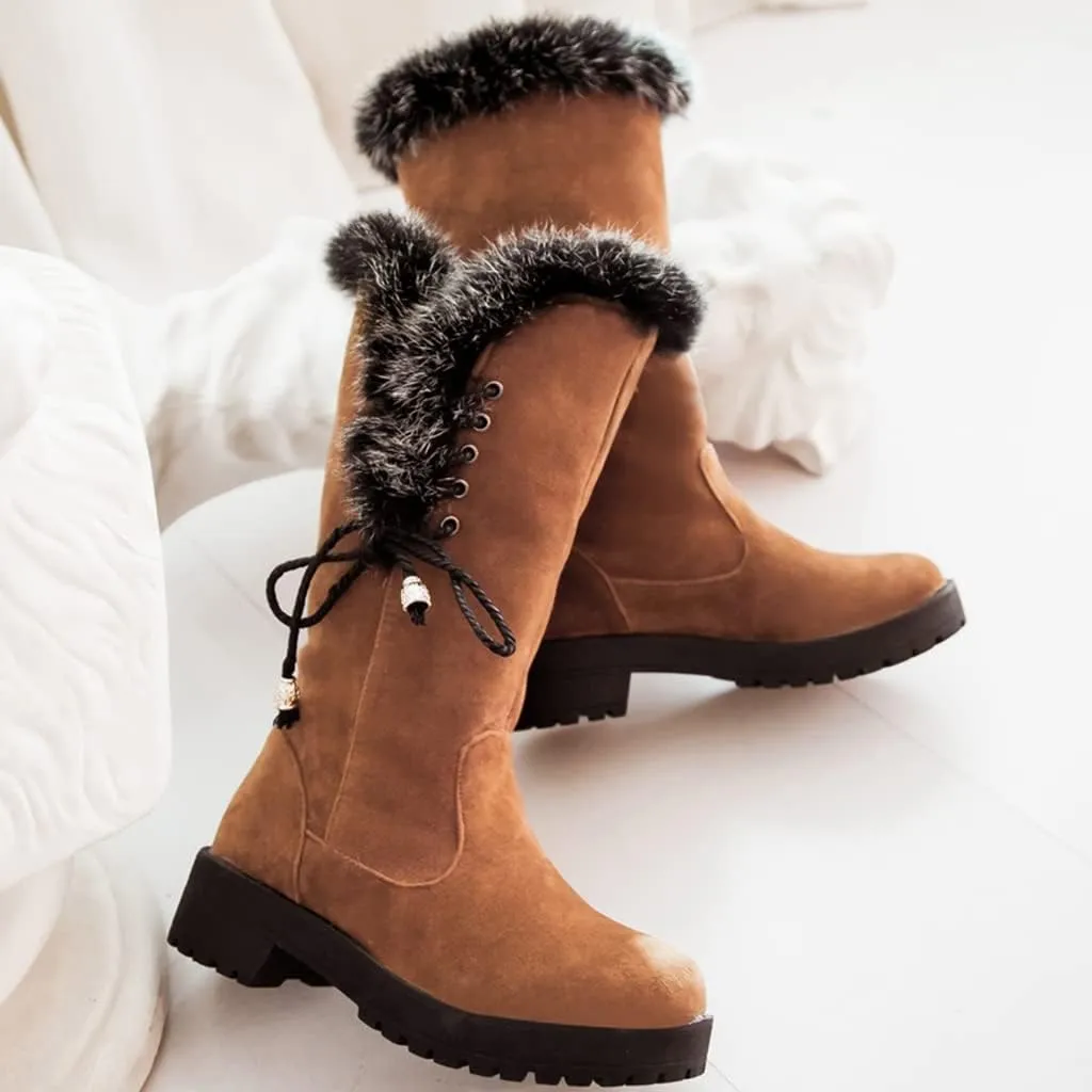 Women's Winter Warm Furry Mid Calf Snow Boots Tall Lace Up Fur Lined Mid Calf Wide Calf Snow Boot