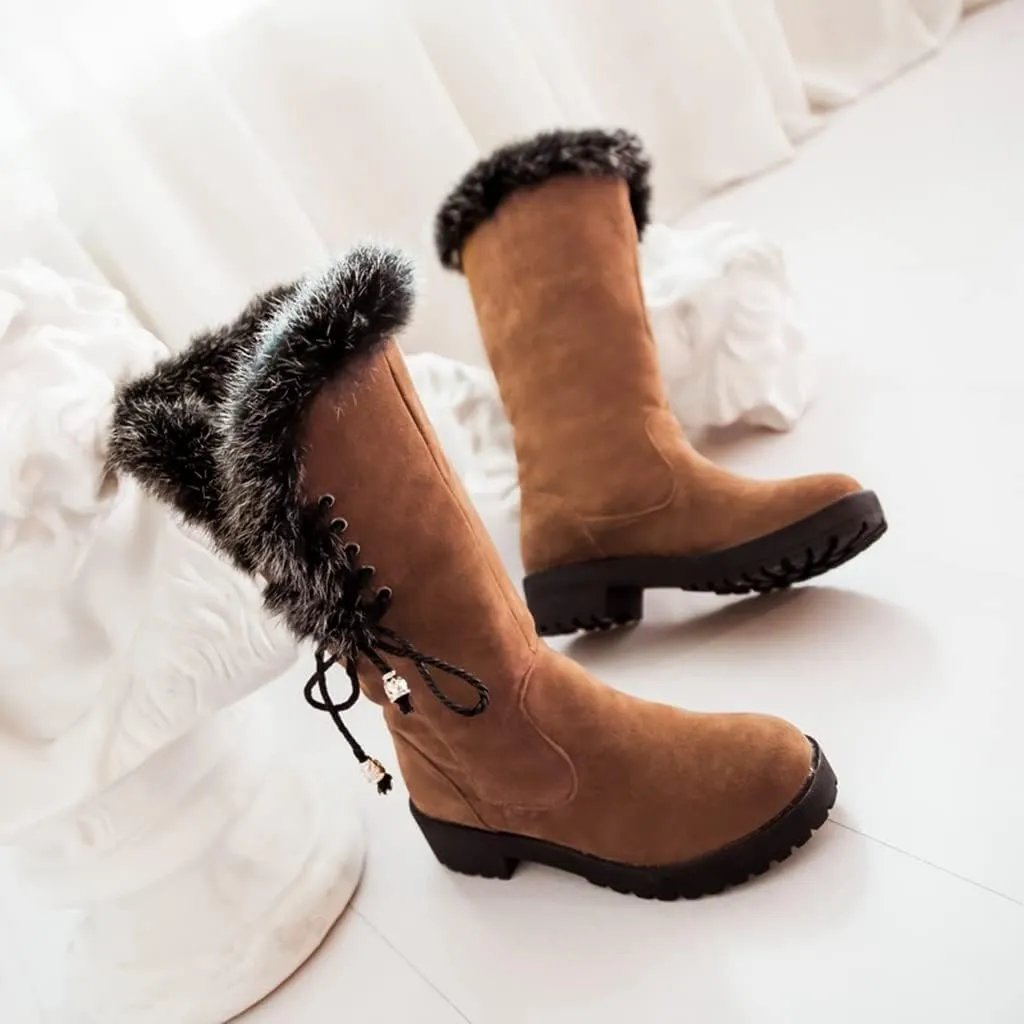 Women's Winter Warm Furry Mid Calf Snow Boots Tall Lace Up Fur Lined Mid Calf Wide Calf Snow Boot