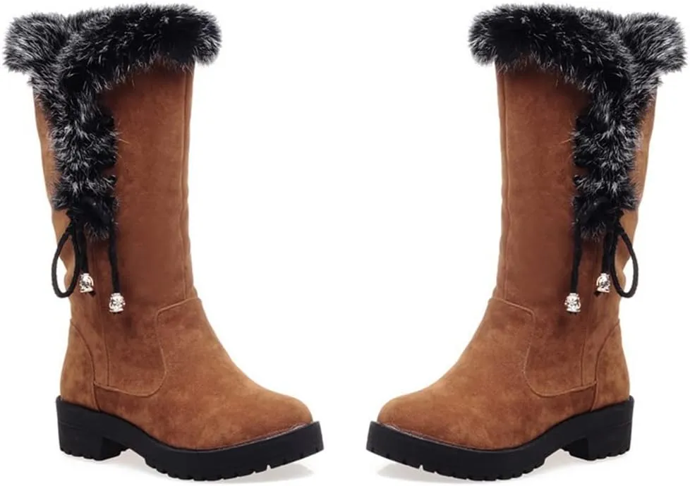 Women's Winter Warm Furry Mid Calf Snow Boots Tall Lace Up Fur Lined Mid Calf Wide Calf Snow Boot