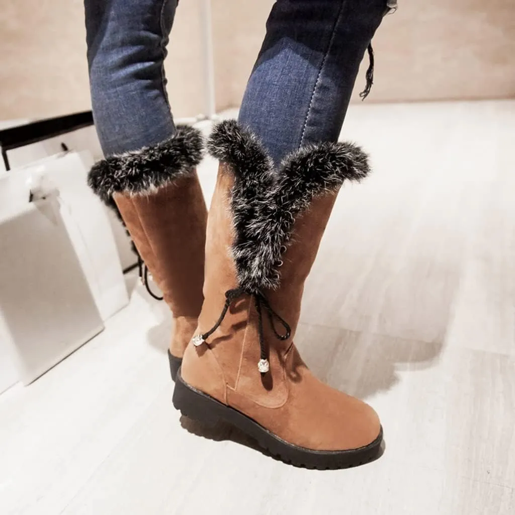 Women's Winter Warm Furry Mid Calf Snow Boots Tall Lace Up Fur Lined Mid Calf Wide Calf Snow Boot