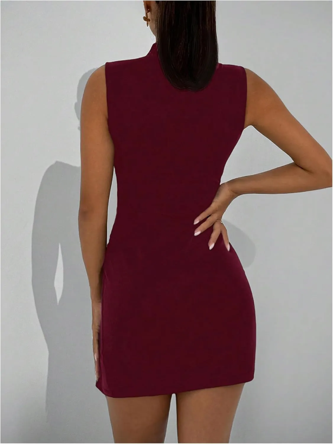 Women's Y2K Dress Basic Slit Bodycon Mini Dress Sexy Sleeveless Mock Neck Slim Fit Tank Dresses