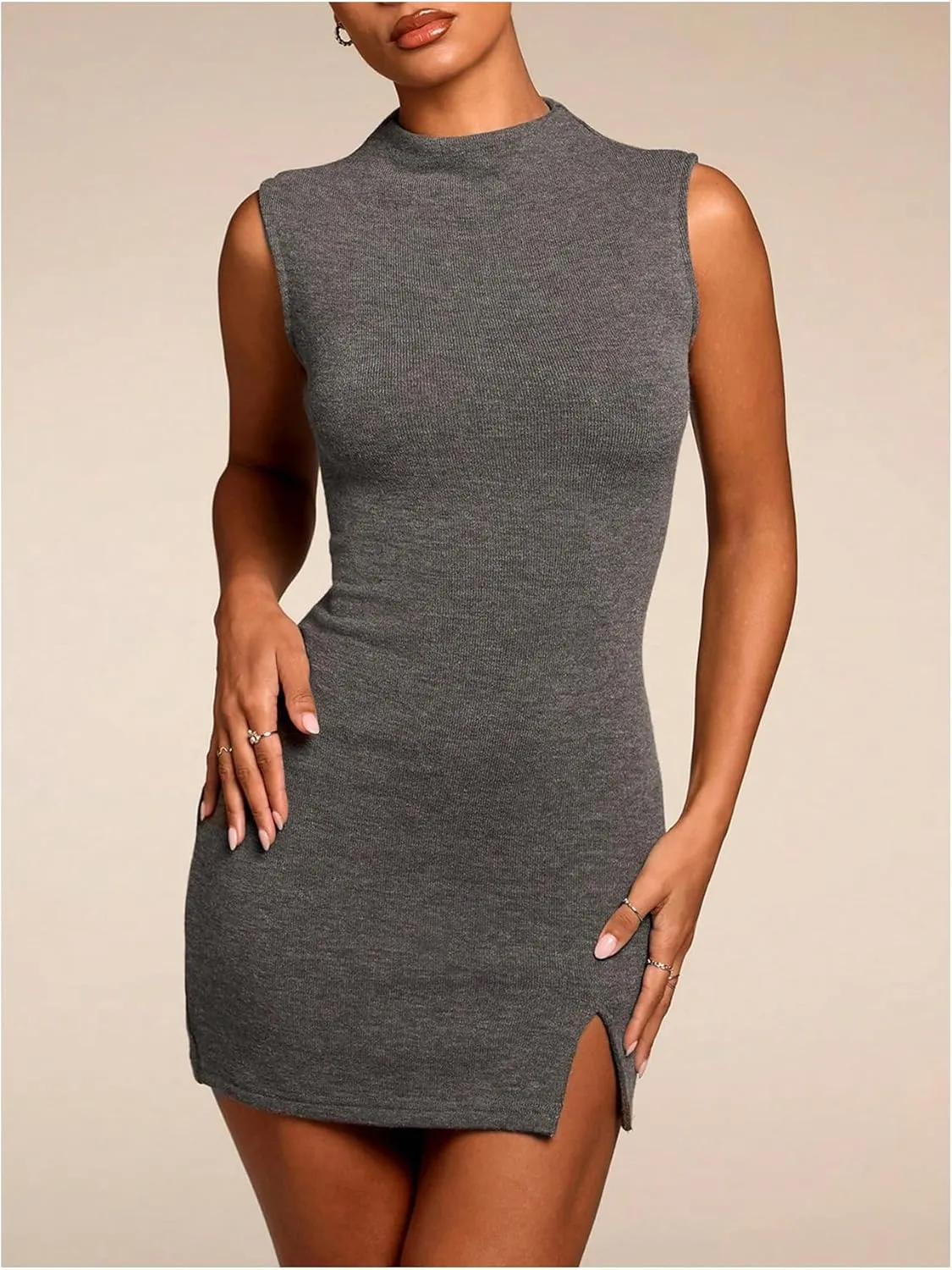 Women's Y2K Dress Basic Slit Bodycon Mini Dress Sexy Sleeveless Mock Neck Slim Fit Tank Dresses