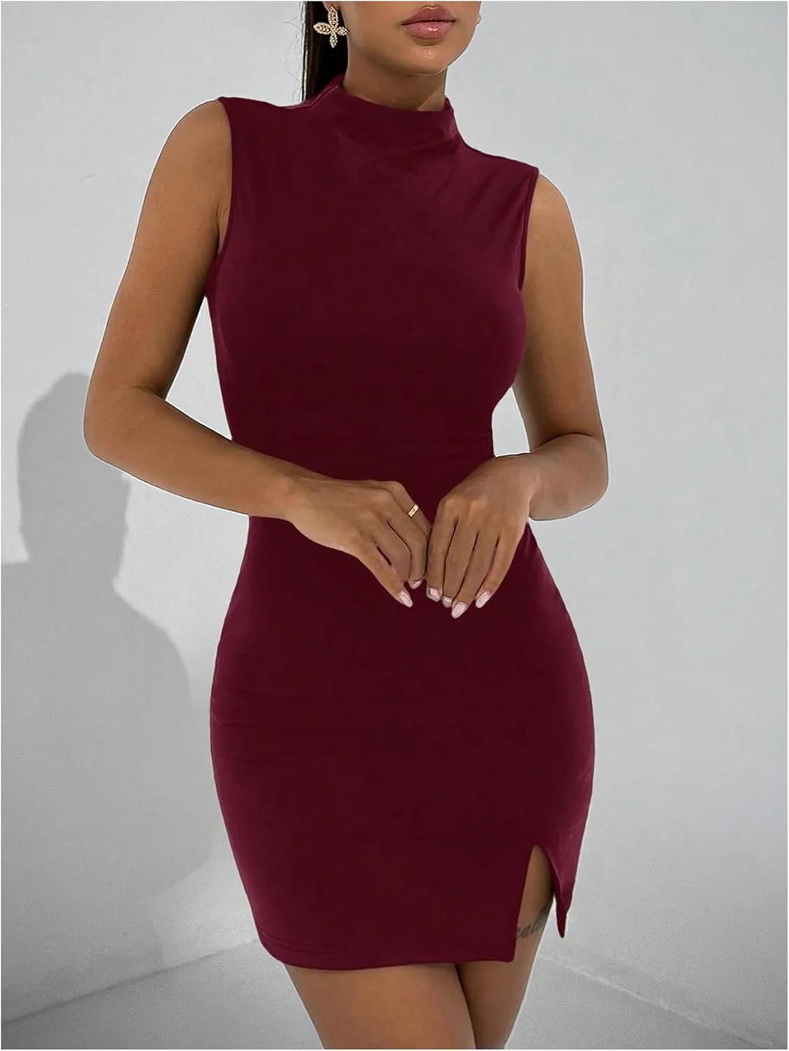 Women's Y2K Dress Basic Slit Bodycon Mini Dress Sexy Sleeveless Mock Neck Slim Fit Tank Dresses