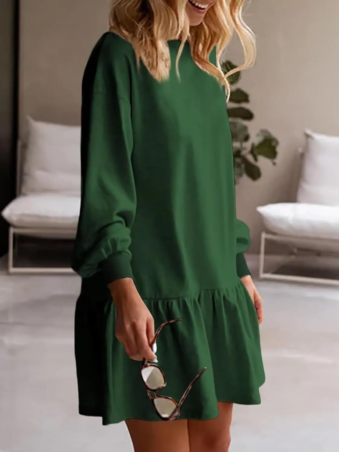 Wowcarbazole Womens Fall Long Sleeve Crewneck Oversized Sweatshirt Dress Casual Loose Fit Solid Color Cute Mini Dresses