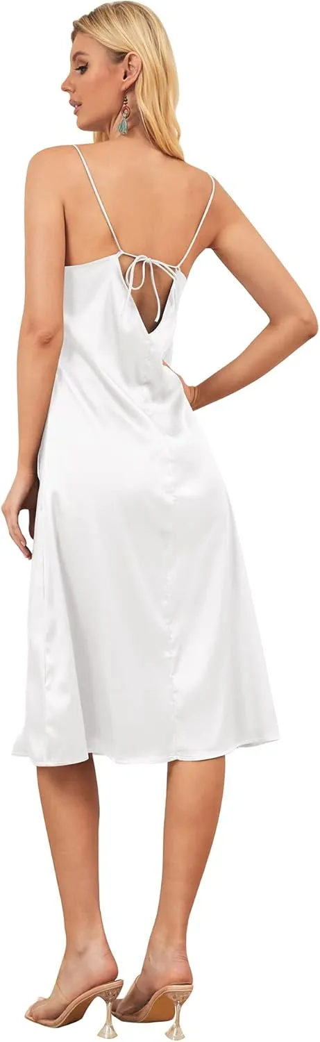 Xintianji Women's Basic Satin Silky Full Slip Midi Loose Dress with V-Neck Sexy Cami Adjustable Strap Wear Nightgown Dresses