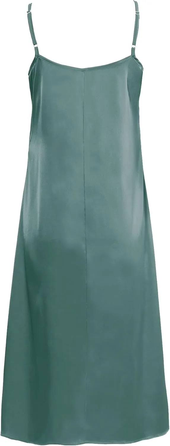Xintianji Women's Basic Satin Silky Full Slip Midi Loose Dress with V-Neck Sexy Cami Adjustable Strap Wear Nightgown Dresses