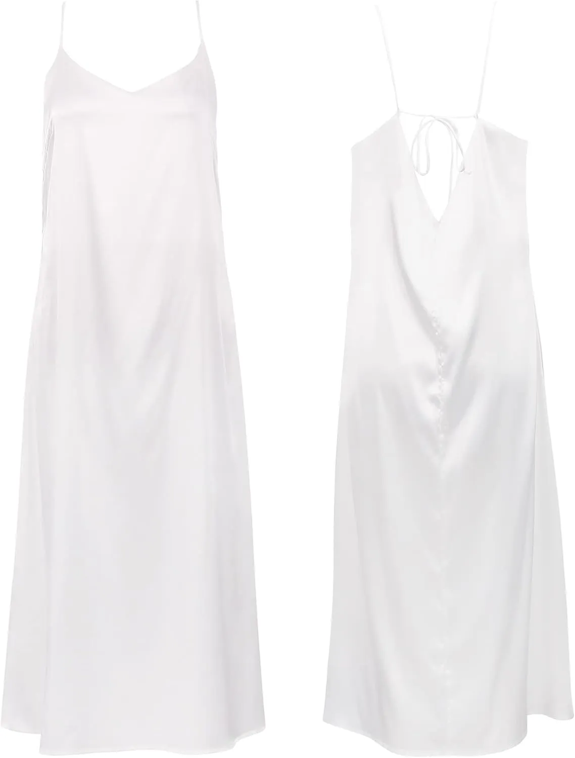 Xintianji Women's Basic Satin Silky Full Slip Midi Loose Dress with V-Neck Sexy Cami Adjustable Strap Wear Nightgown Dresses