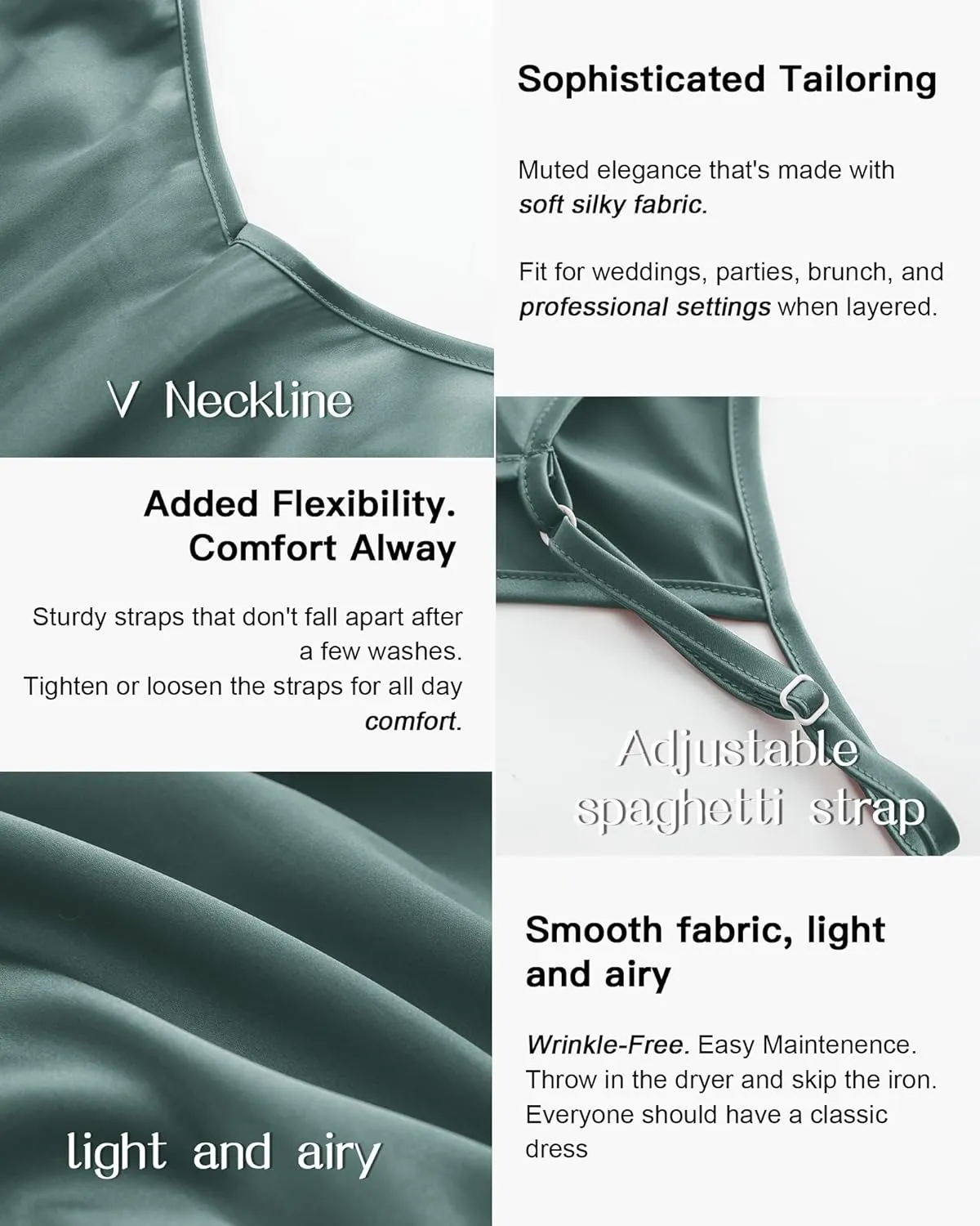 Xintianji Women's Basic Satin Silky Full Slip Midi Loose Dress with V-Neck Sexy Cami Adjustable Strap Wear Nightgown Dresses