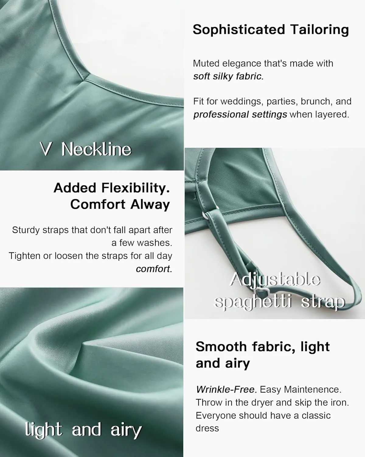 Xintianji Women's Basic Satin Silky Full Slip Midi Loose Dress with V-Neck Sexy Cami Adjustable Strap Wear Nightgown Dresses