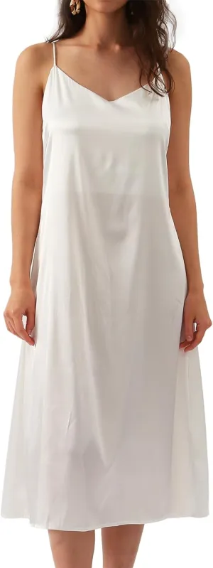 Xintianji Women's Basic Satin Silky Full Slip Midi Loose Dress with V-Neck Sexy Cami Adjustable Strap Wear Nightgown Dresses