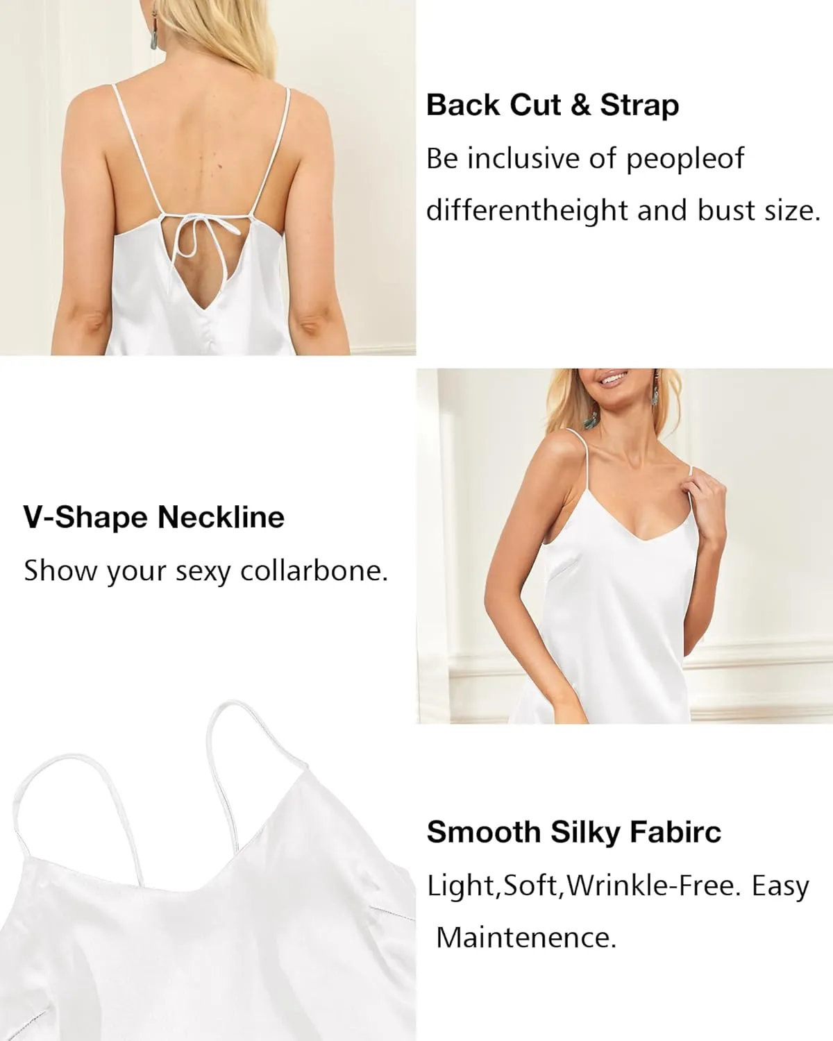 Xintianji Women's Basic Satin Silky Full Slip Midi Loose Dress with V-Neck Sexy Cami Adjustable Strap Wear Nightgown Dresses