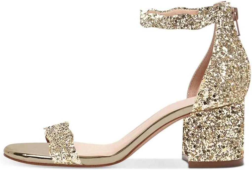 XYD Women Open Toe Comfort Block Mid Heel Sandals Pumps Wave Ankle Strap Party Dress Shoes with Back Zipper