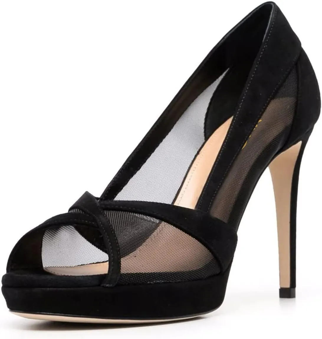 XYD Women's Peep Toe Pumps Transparent Mesh Slip On Soft Suede Stiletto Heels Sandals Casual Basic Dress Office Working Travel Shoes