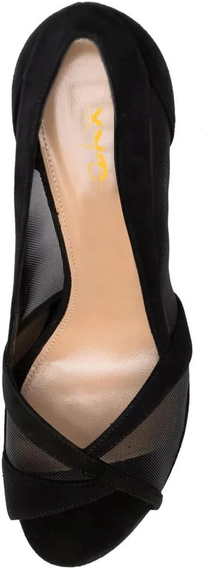 XYD Women's Peep Toe Pumps Transparent Mesh Slip On Soft Suede Stiletto Heels Sandals Casual Basic Dress Office Working Travel Shoes