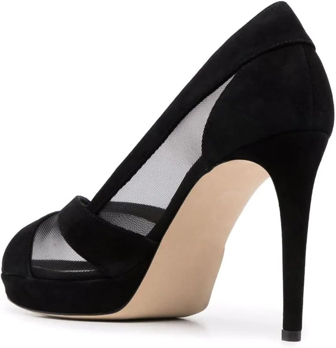 XYD Women's Peep Toe Pumps Transparent Mesh Slip On Soft Suede Stiletto Heels Sandals Casual Basic Dress Office Working Travel Shoes